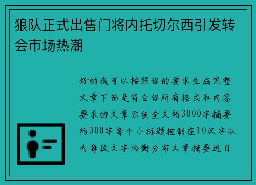 狼队正式出售门将内托切尔西引发转会市场热潮